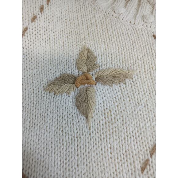 Beldoch Popper Sweater Mock Women's Medium VTG Embroidered Knit Floral Cream - Picture 15 of 16
